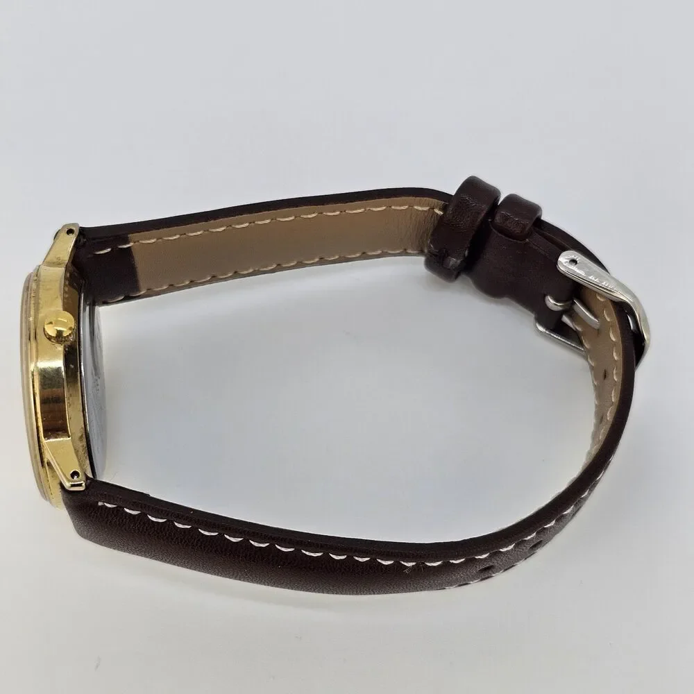 VTG Timex Men's Watch 32MM Gold Dial DayDate New Brown Leather Bands New Battery